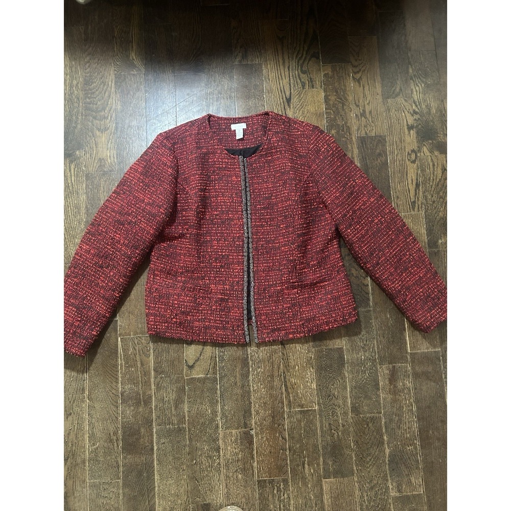 Chico's Red Black Classic Tweed Jacket Beaded Trim Open Front Women's Size 2 (L)